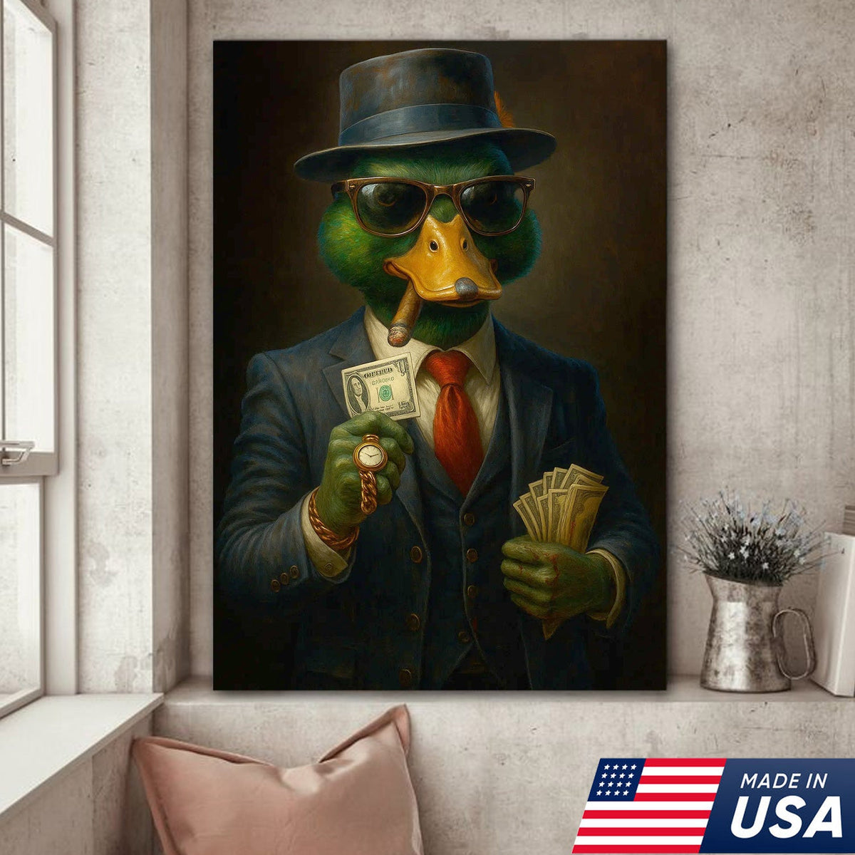 Gangster Duck Money Canvas Wall Art, Rich Boss Duck in Suit Holding Cash