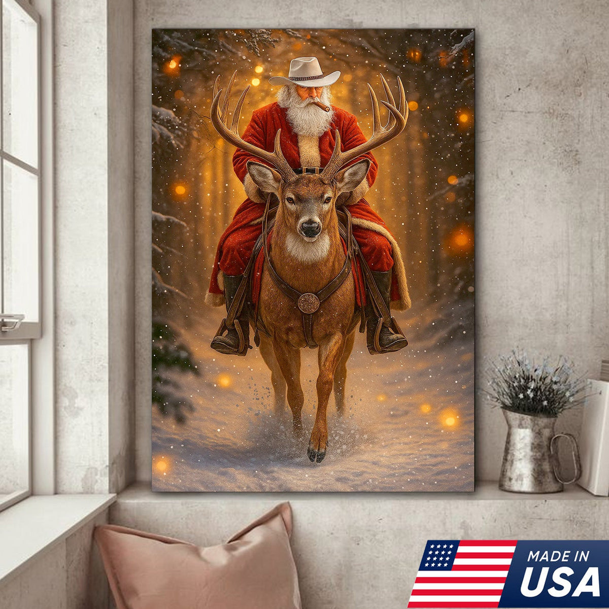 Cowboy Santa Riding Deer Canvas, Western Christmas Wall Art Decor