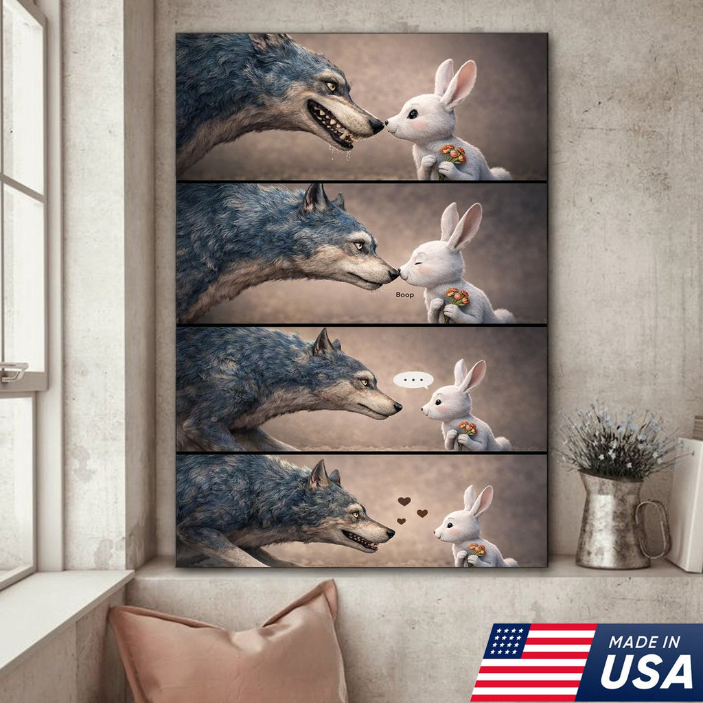 Cute Wolf and Bunny Comic Canvas Print, Whimsical Animal Love Story Wall Art Decor
