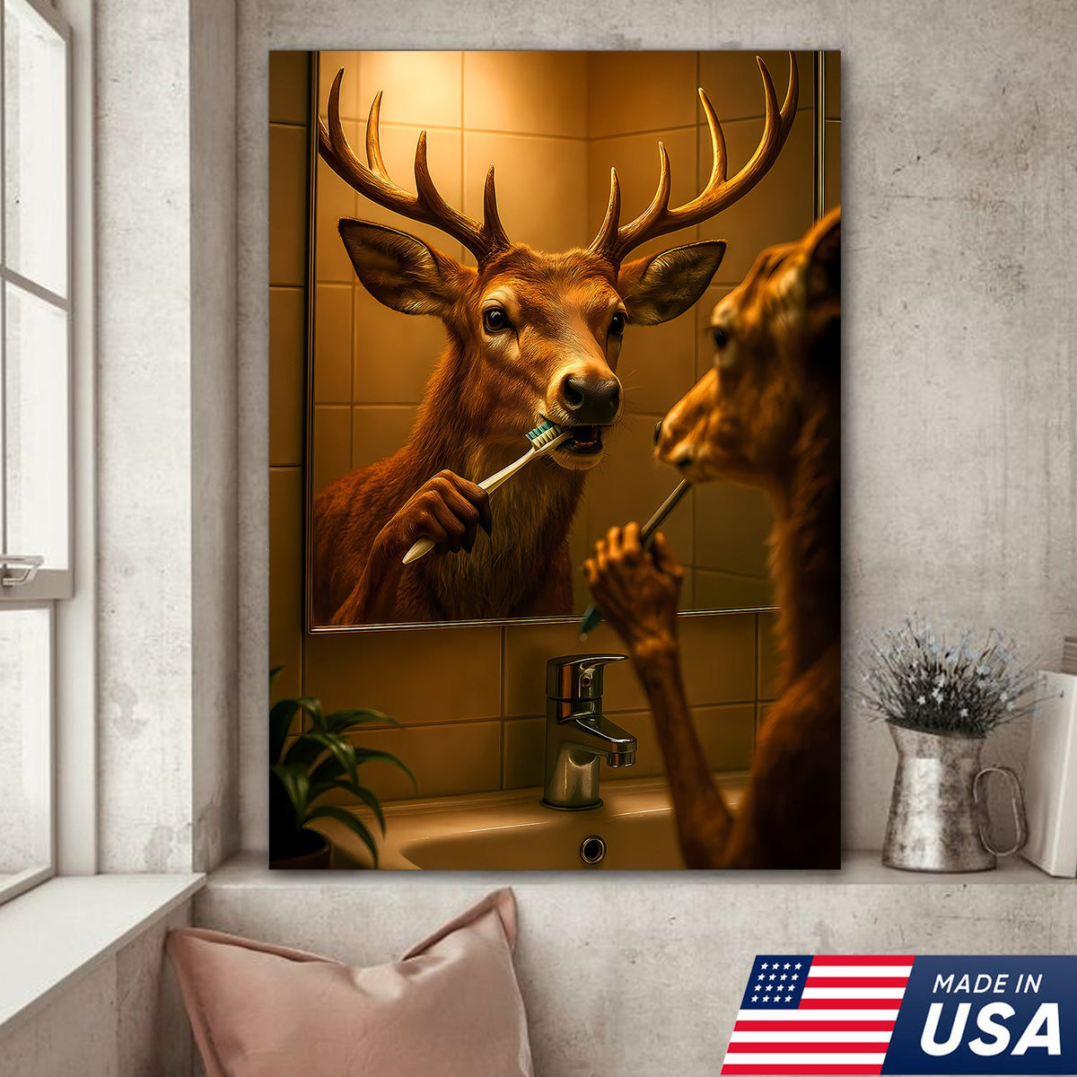 Deer Brushing Teeth Canvas – Funny Bathroom Wall Art, Cabin Decor Gift for Hunters