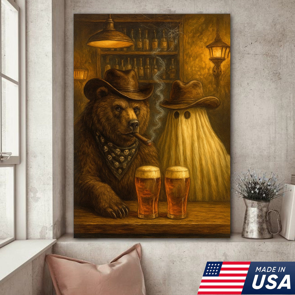 Halloween Bar Bear Canvas – Funny Rustic Cowboy Ghost Wall Art for Cabin, Hunters
