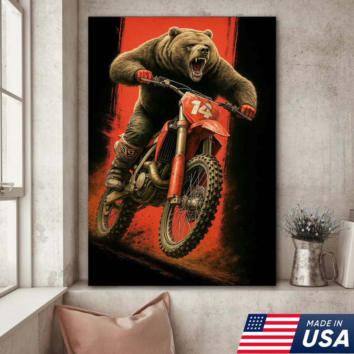 Motocross Bear Wall Art Canvas, Fierce Dirt Bike Racing Bear Print