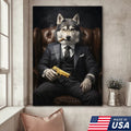 Boss Wolf Canvas Wall Art, Powerful Alpha Wolf in Suit Portrait, Luxury Animal Artwork