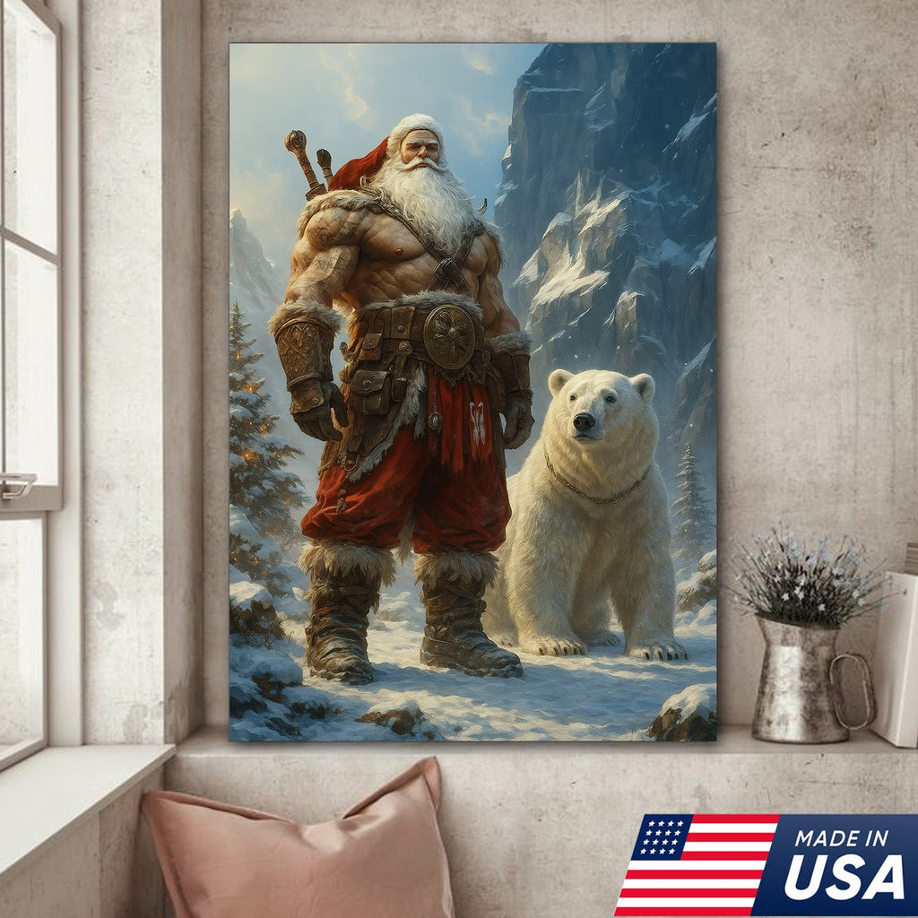Viking Santa with Polar Bear Canvas Wall Art, Epic Christmas Warrior Decor
