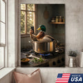 Funny Duck Cooking Selfie Canvas Wall Art, Whimsical Kitchen Animal Illustration