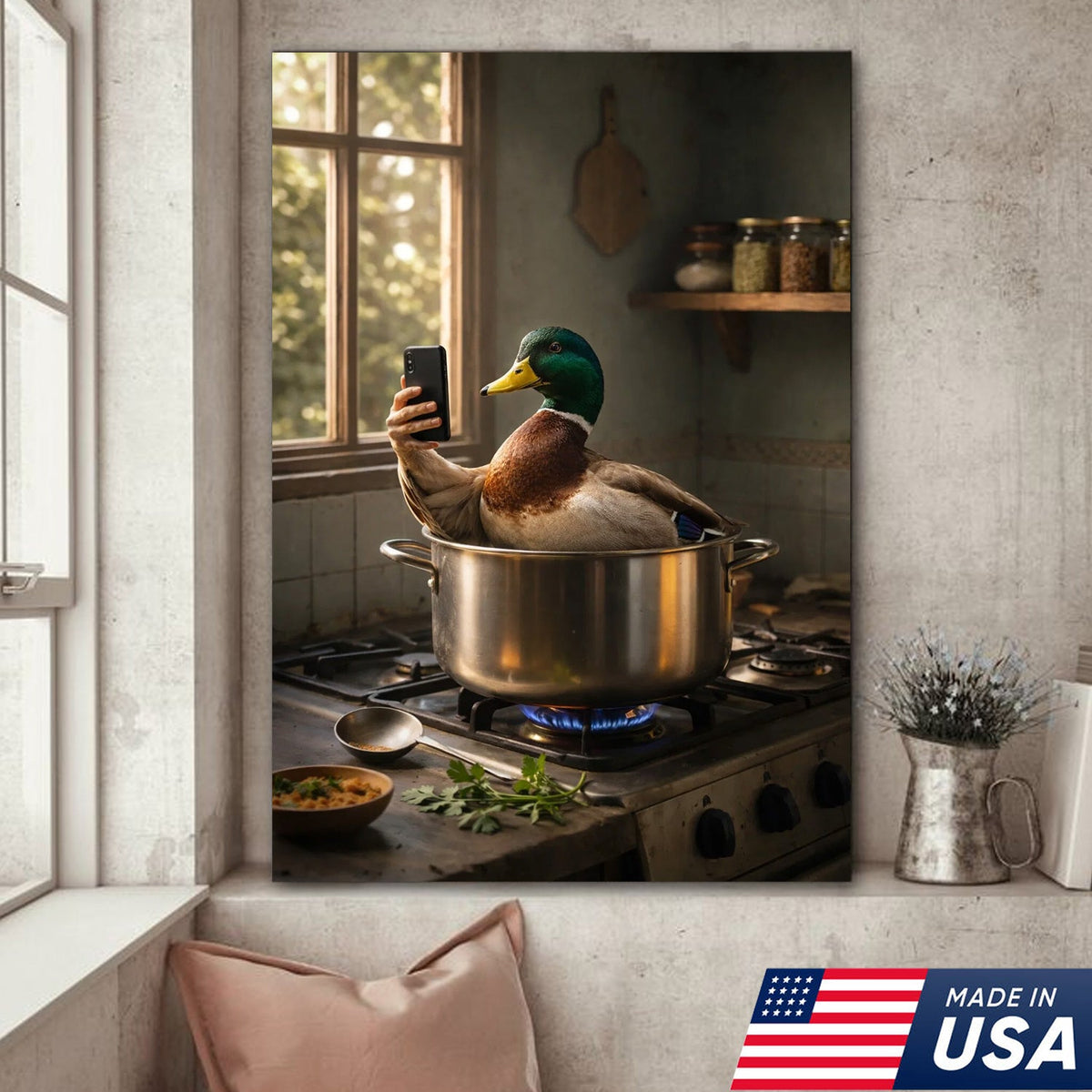 Funny Duck Cooking Selfie Canvas Wall Art, Whimsical Kitchen Animal Illustration