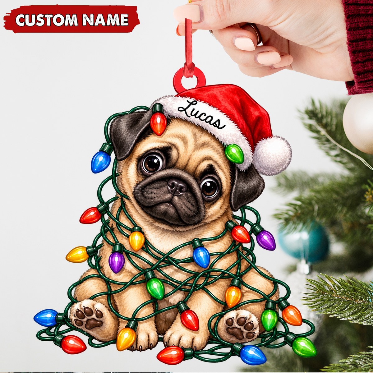Personalized Pug Christmas Ornament Custom Name Festive Dog Keepsake
