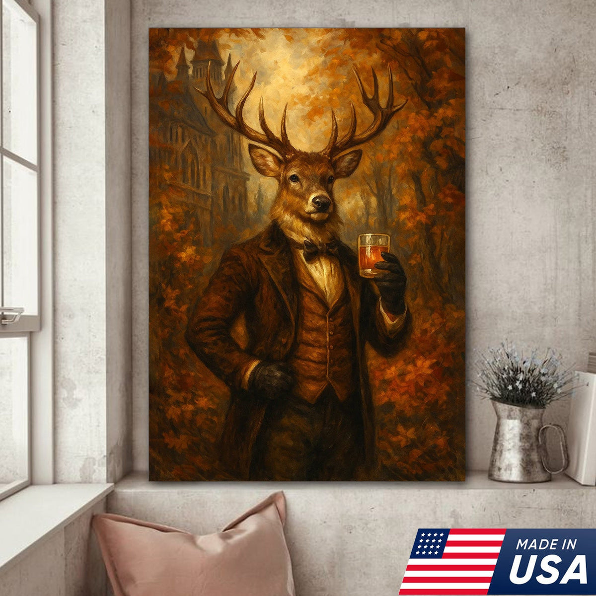 Deer Gentleman Whiskey Canvas Wall Art – Rustic Fall Hunting Lodge & Man Cave Decor