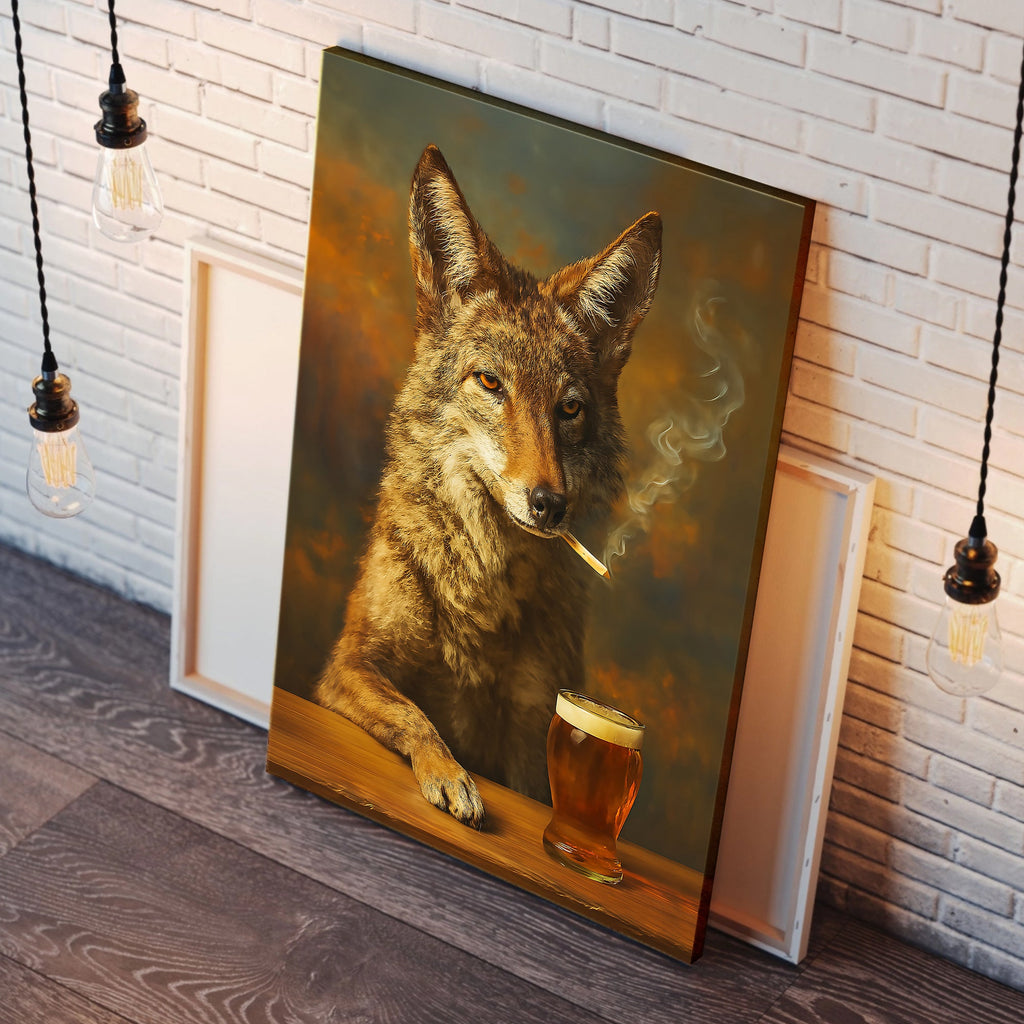 Smoking Wolf Coyote with Cocktail Glasses Canvas – Funny Hunting Wall Art for Man Caves