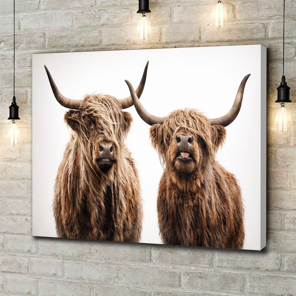 Highland Cow Duo Canvas Wall Art, Rustic Farm Animal Portrait