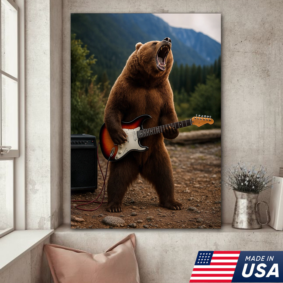 Funny Bear Canvas Wall Art – Rock and Roll Wildlife Decor, Guitar Playing Grizzly