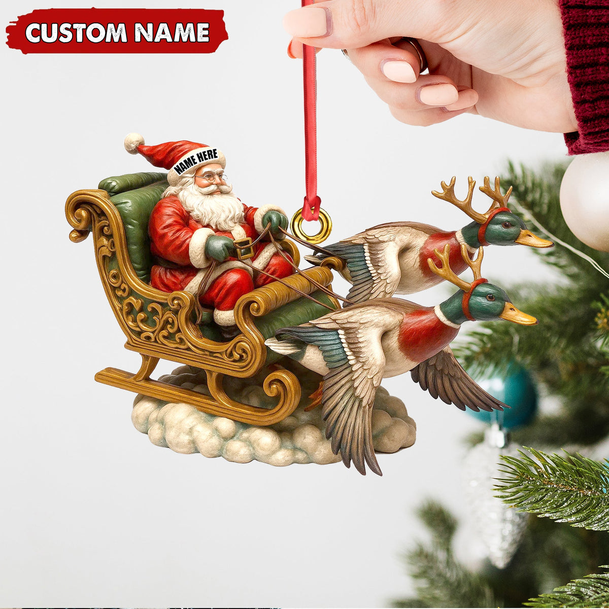 Personalized Santa Sleigh Duck Ornament, Custom Name Christmas Gift for Hunters
