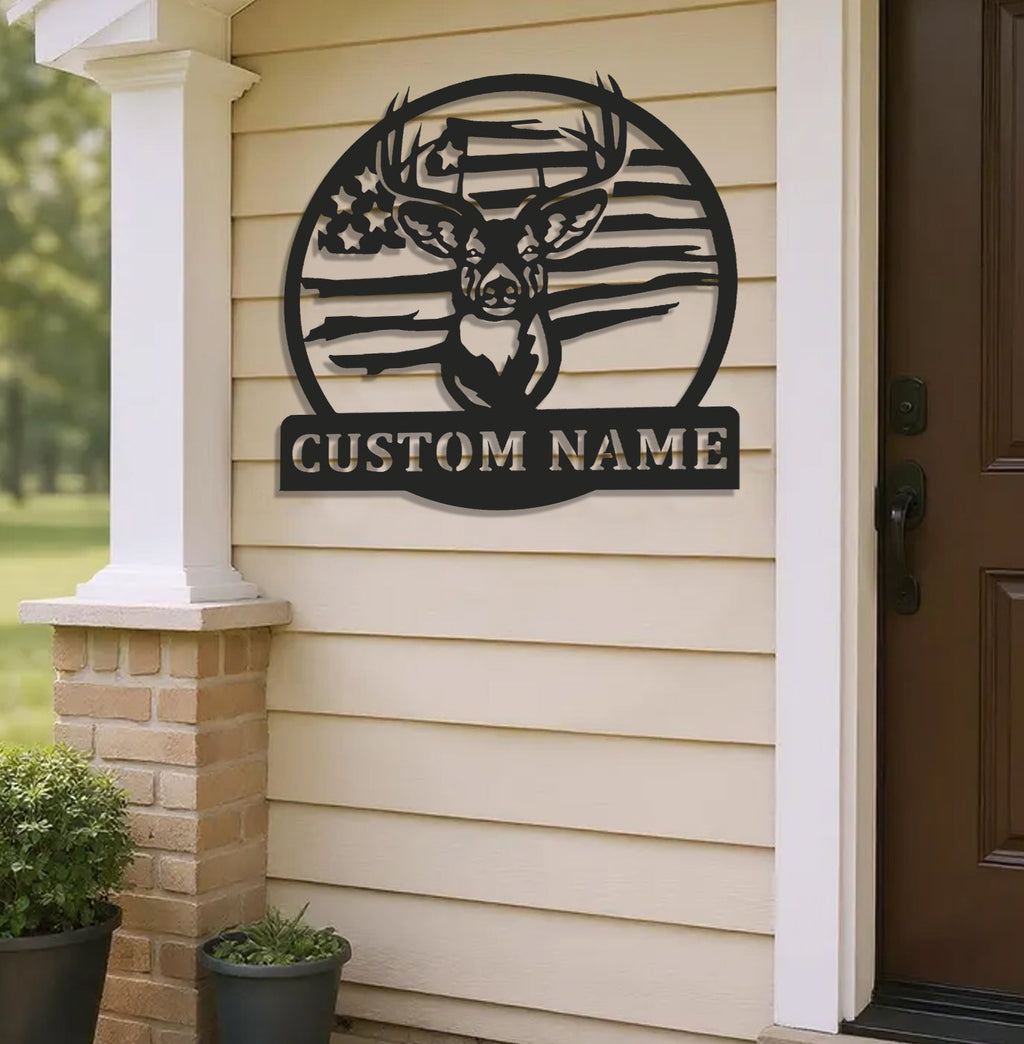 Custom Name American Flag Deer Hunting Metal Sign WITH LED/WITHOUT LED Light Rustic Lodge Wall Decor