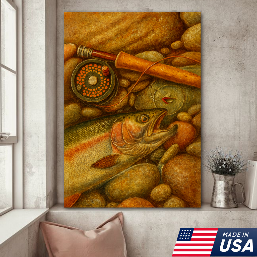 ly Fishing Canvas Wall Art – Retro Trout Painting with Rod & Reel Rustic Cabin Lodge Decor