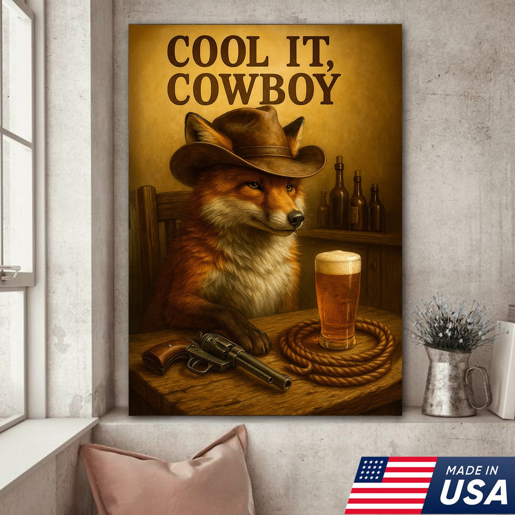 Cowboy Fox Canvas Wall Art – Rustic Western Saloon Painting with Coors Beer