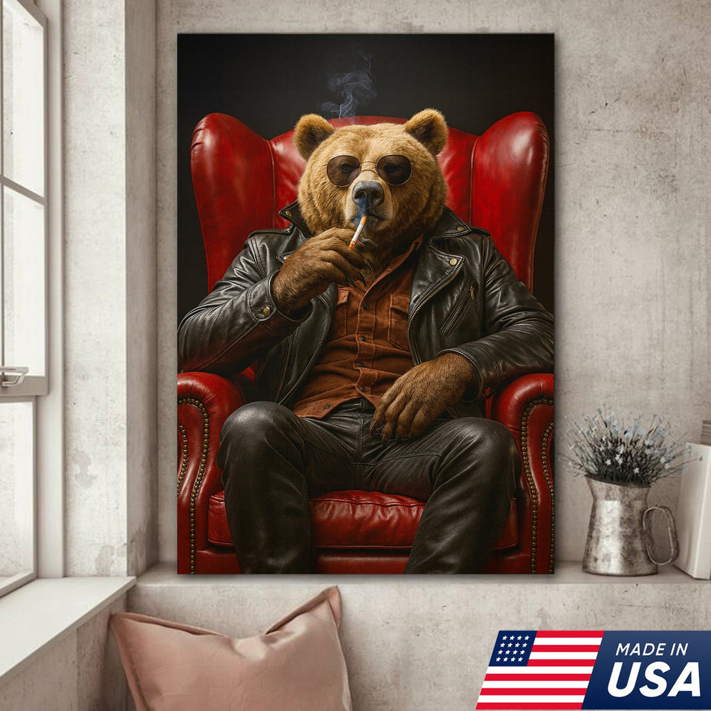 Cool Smoking Bear Wall Art Canvas – Badass Leather Chair Bear Canvas Print for Man Cave Decor