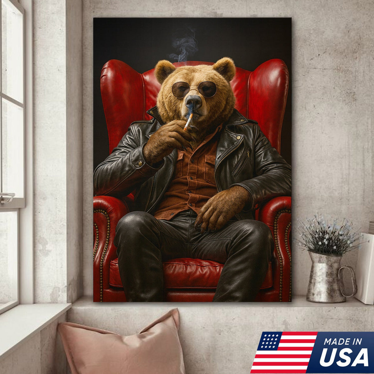 Cool Smoking Bear Wall Art Canvas – Badass Leather Chair Bear Canvas Print for Man Cave Decor