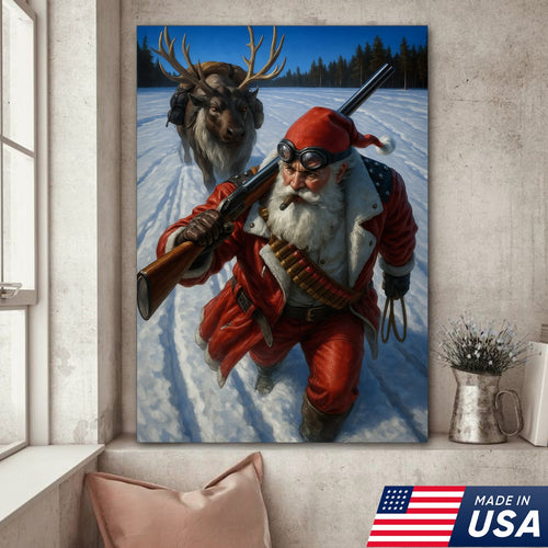 Action Santa Sprinting with Reindeer Canvas Wall Art, Epic Winter Christmas Decor