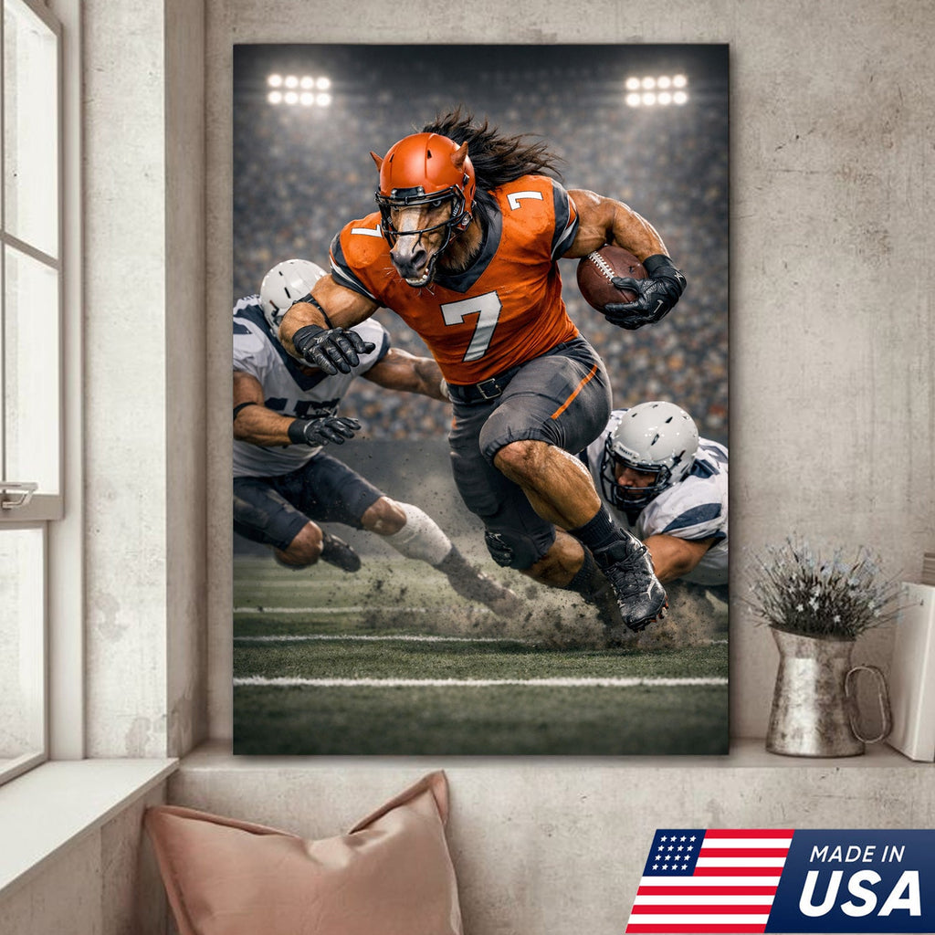 Wild Stallion Football Canvas Wall Art – Powerful Horse Athlete Stadium Action Print
