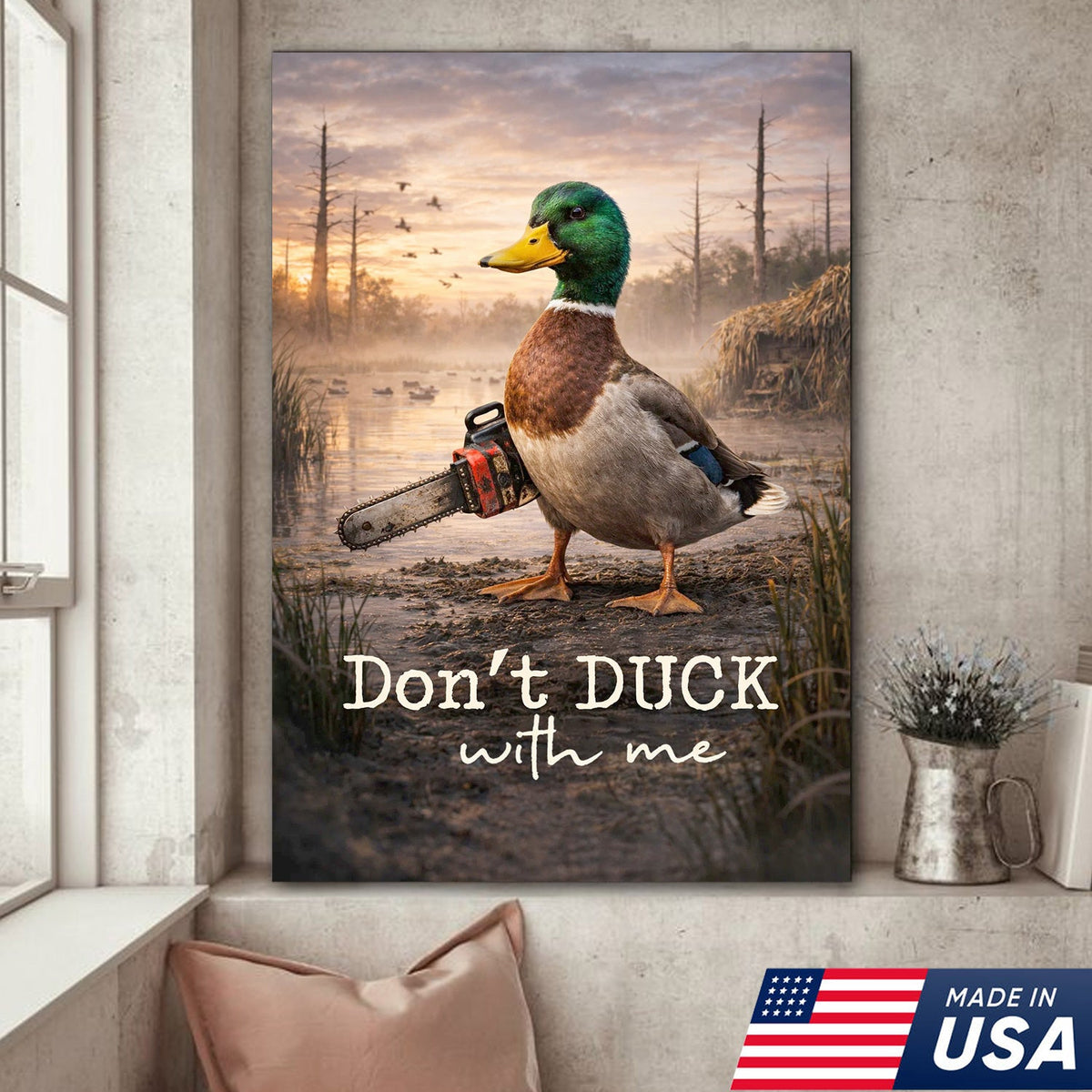 Don’t Duck With Me Canvas Wall Art, Funny Duck Chainsaw Artwork