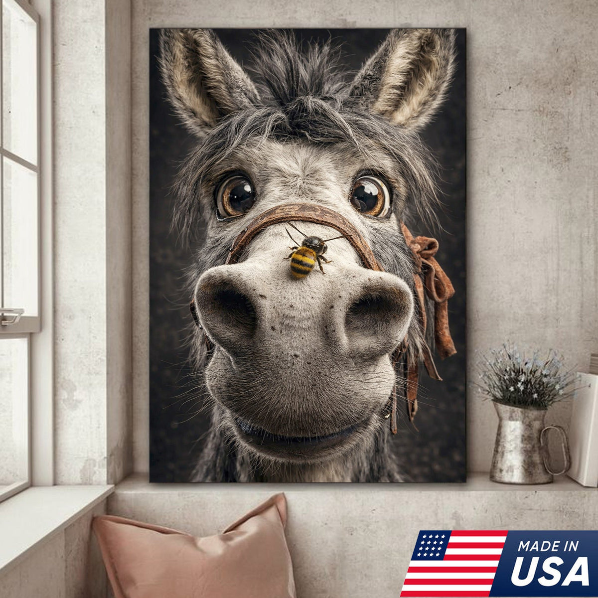 Funny Donkey Canvas Wall Art – Curious Donkey Portrait Farm Animal Wall Decor