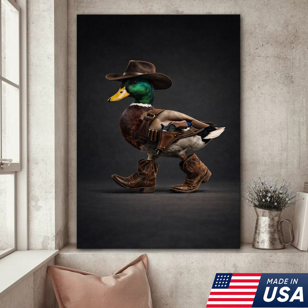 Funny Western Duck Canvas – Cowboy Duck Wall Art – Hunting Decor