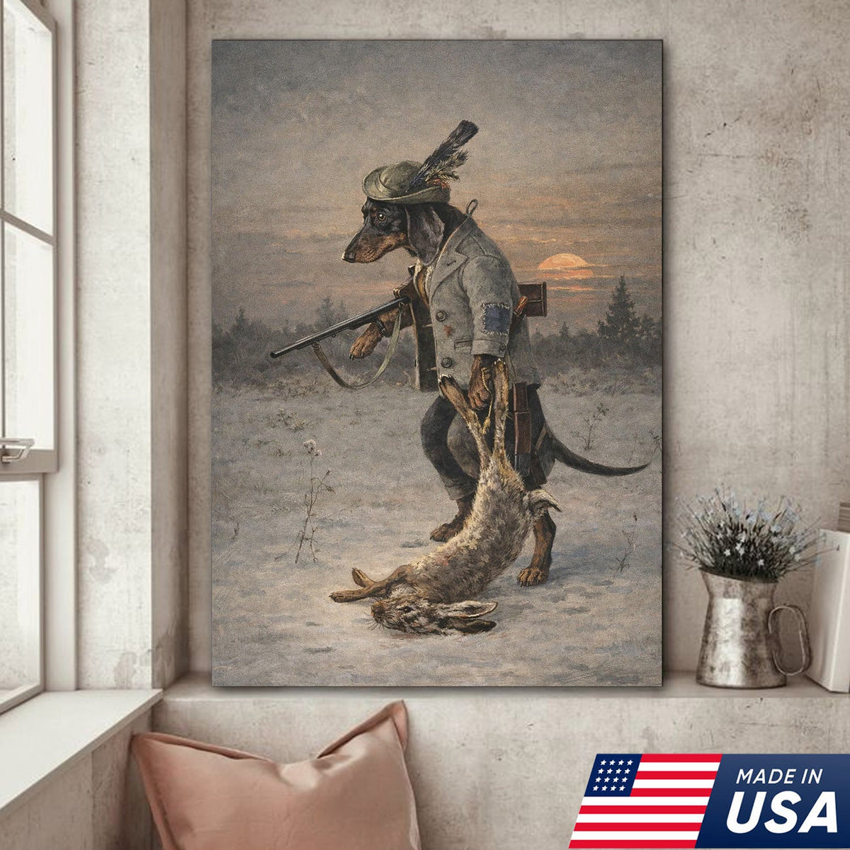 Vintage Dachshund Hunter Canvas Wall Art – Classic Sporting Dog with Rifle