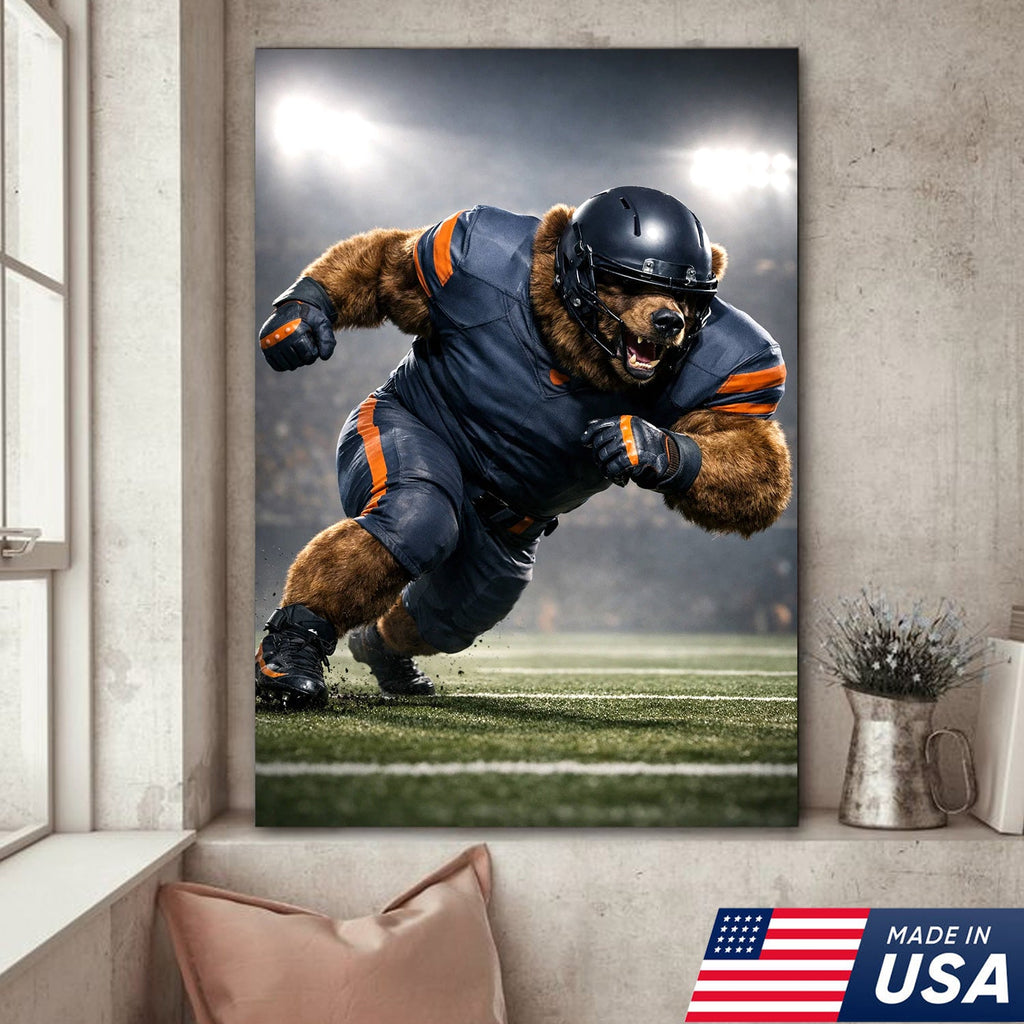Raging Grizzly Football Canvas Wall Art – Powerful Bear Athlete Stadium Action Print
