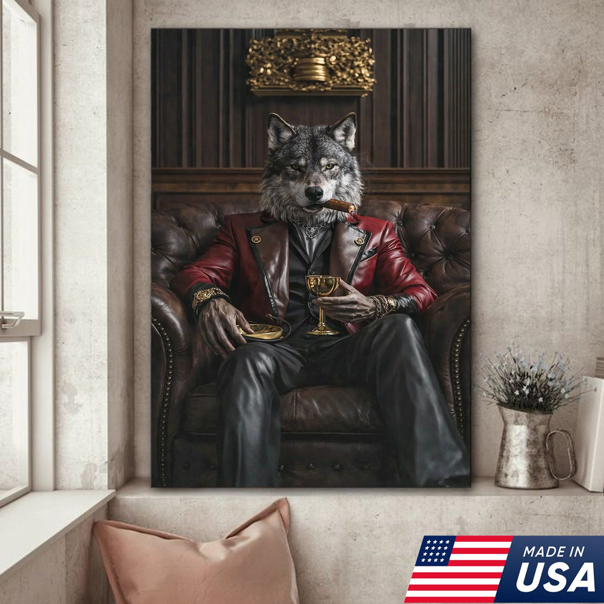 Luxury Alpha Wolf Canvas Wall Art, Aristocratic Wolf Gentleman Portrait