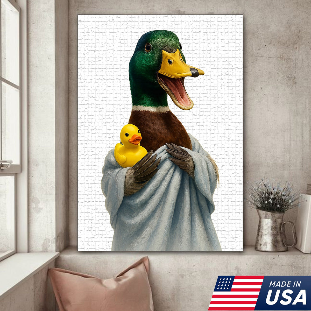 Funny Duck Bathroom Wall Art – Cute Rubber Duck Canvas Print for Farmhouse & Cabin Decor