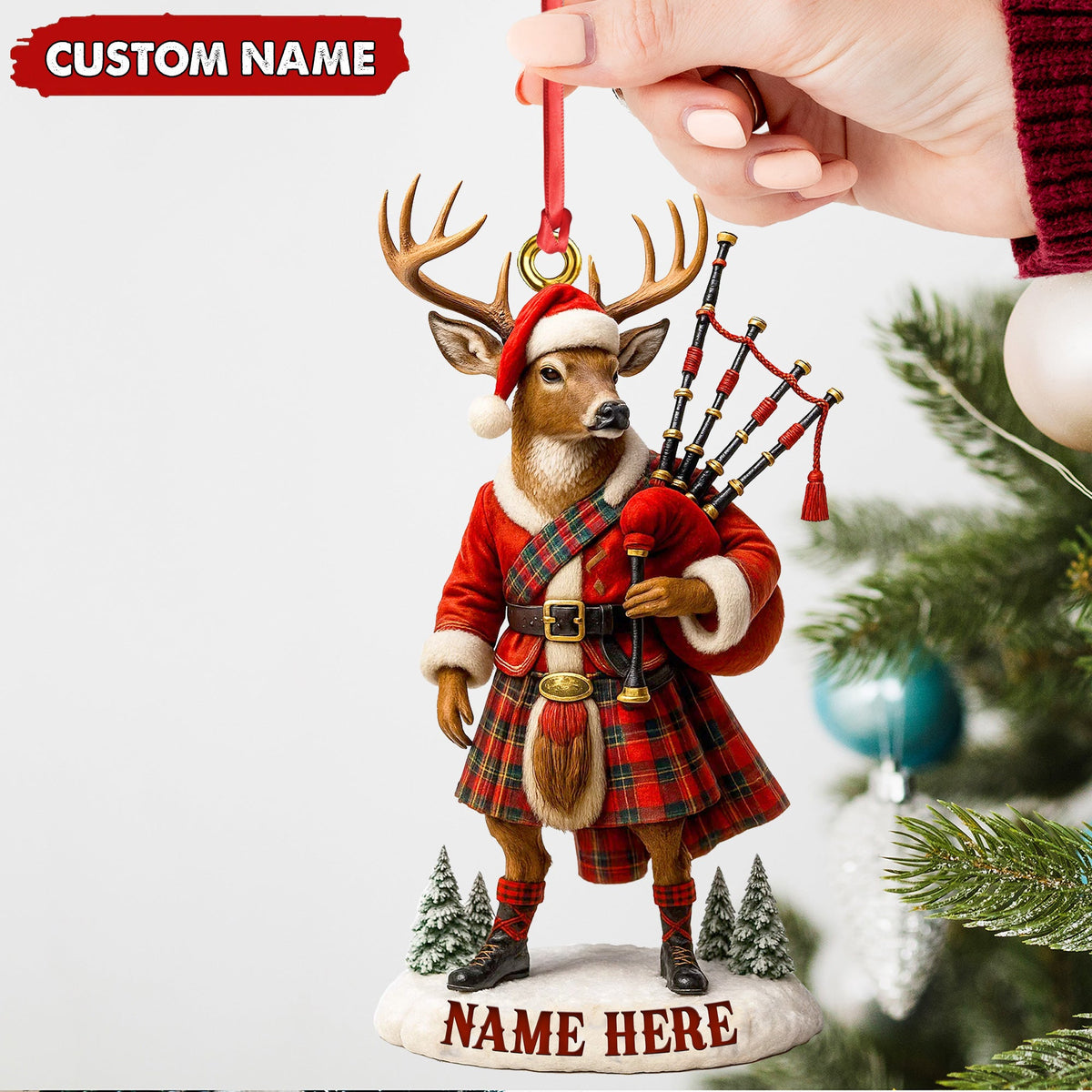 Personalized Scottish Deer Ornament, Custom Name Highland Bagpiper Christmas Decoration