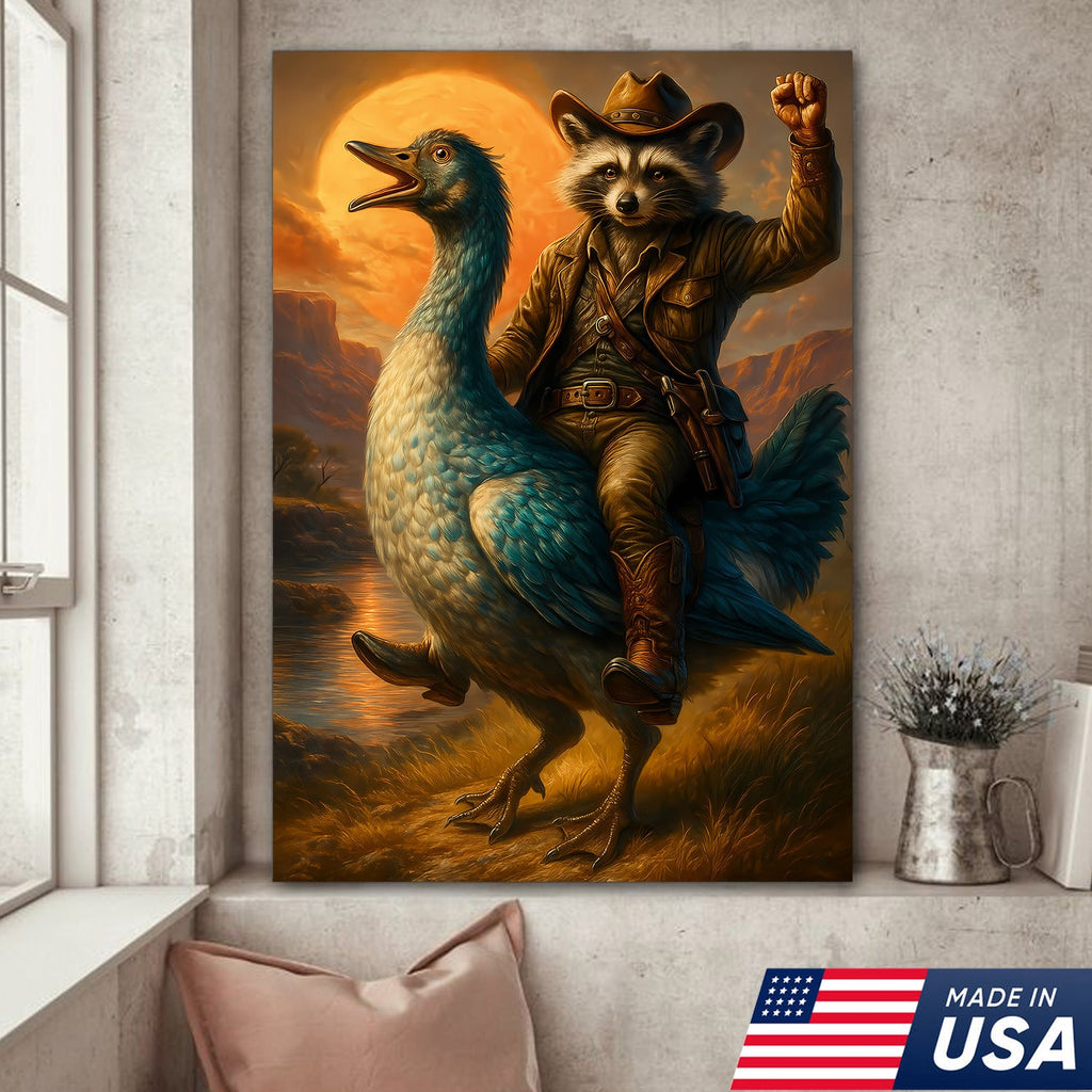 Raccoon Cowboy Riding Goose Canvas – Funny Western Wall Art for Hunters & Animal Lovers