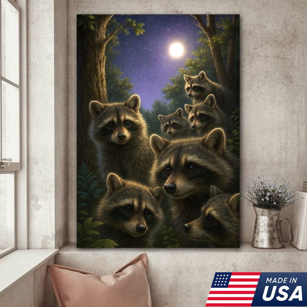 Raccoons Under Full Moon Canvas – Woodland Night Scene, Rustic Lodge Wall Art