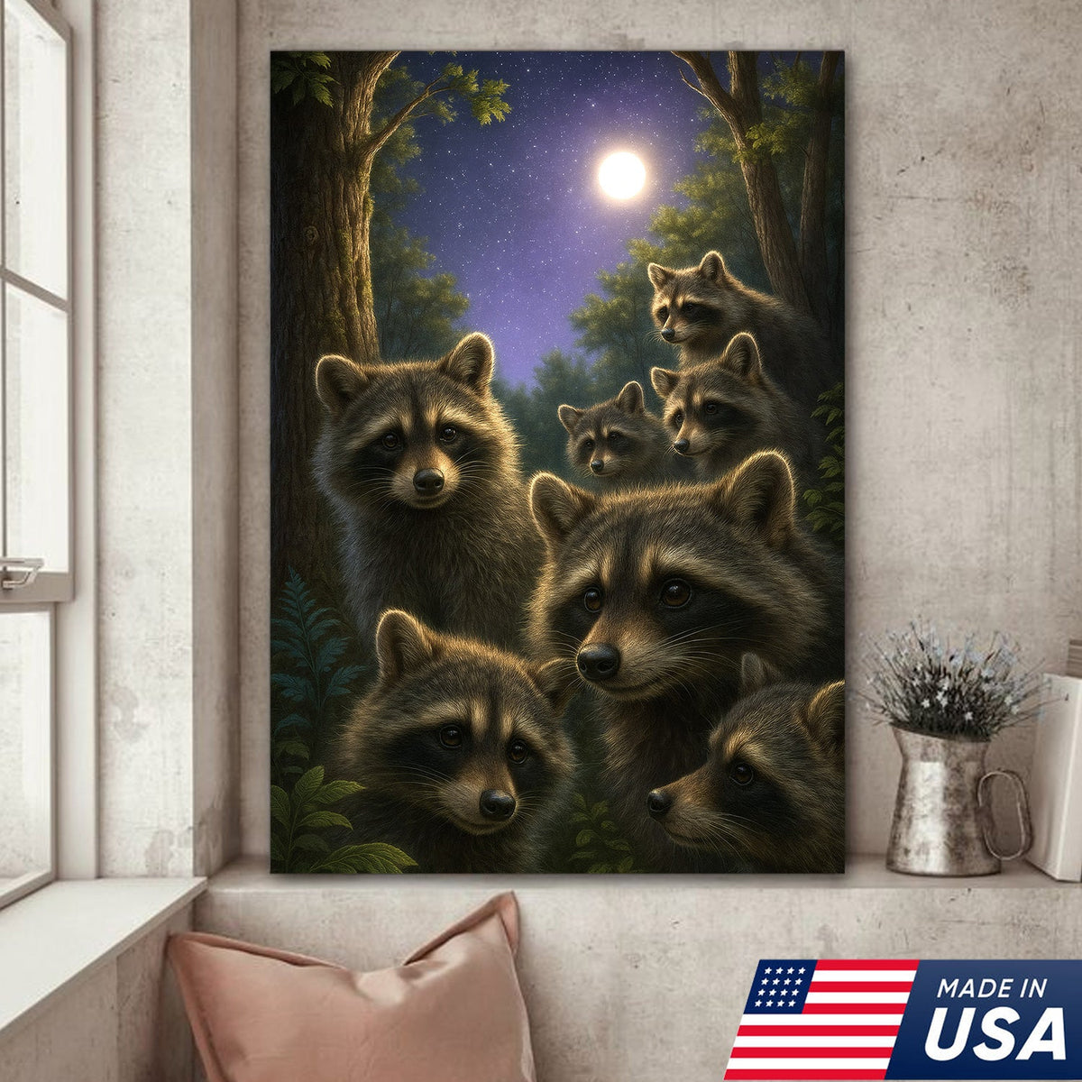 Raccoons Under Full Moon Canvas – Woodland Night Scene, Rustic Lodge Wall Art