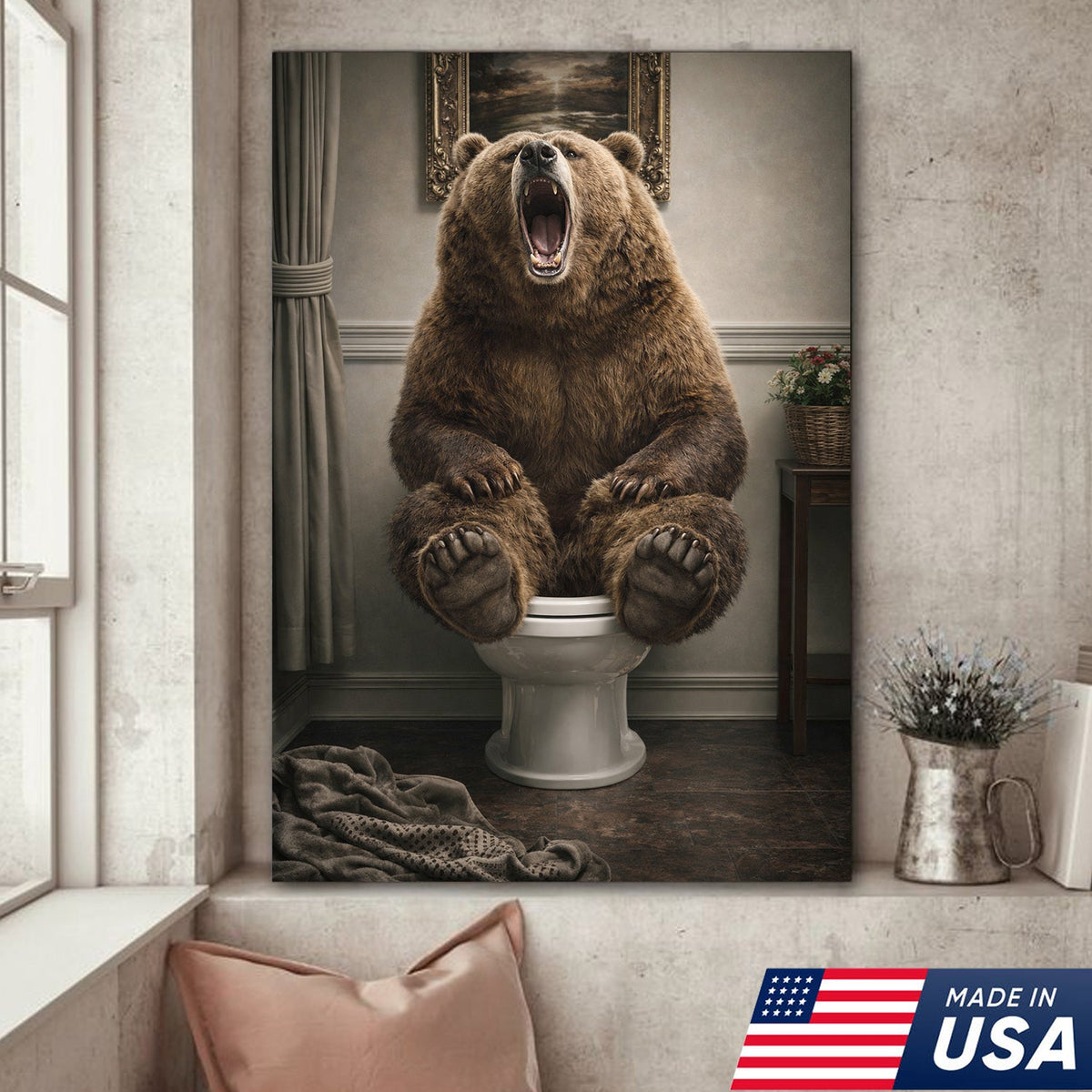 Funny Roaring Bear Bathroom Canvas Wall Art – Bear On Toilet Painting