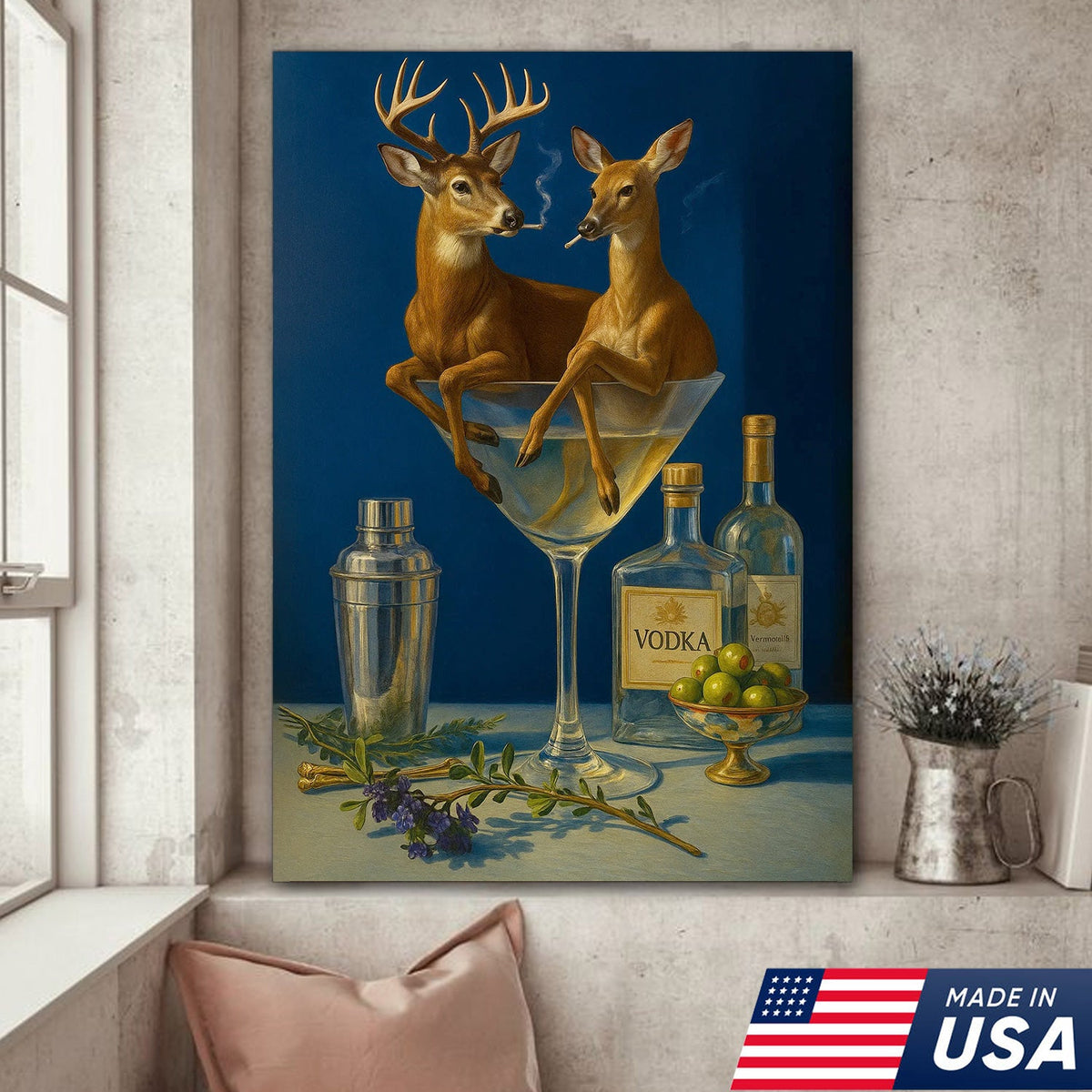 Funny Deer Couple Wall Art Canvas – Whimsical Buck and Doe in Martini Glass