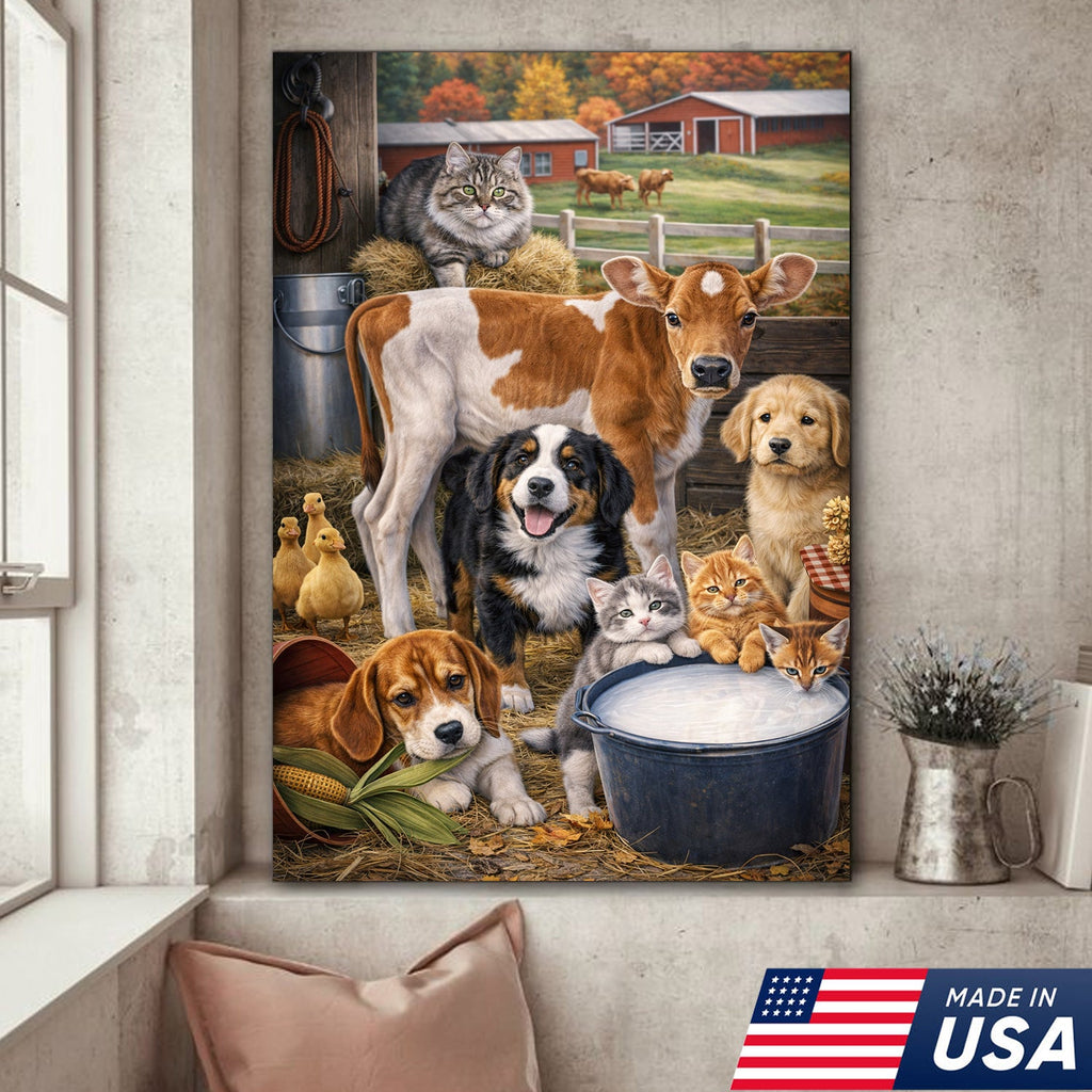 Farm Animals Canvas Wall Art – Cute Barn Animal Painting Cow Dog Cat Farm Decor