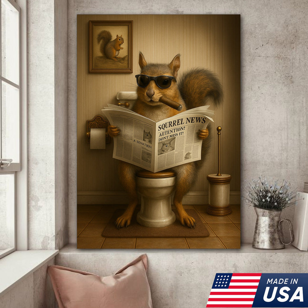 Hilarious Squirrel Canvas Print – Unique Rustic Bathroom Humor for Hunting Lodge and Man Cave
