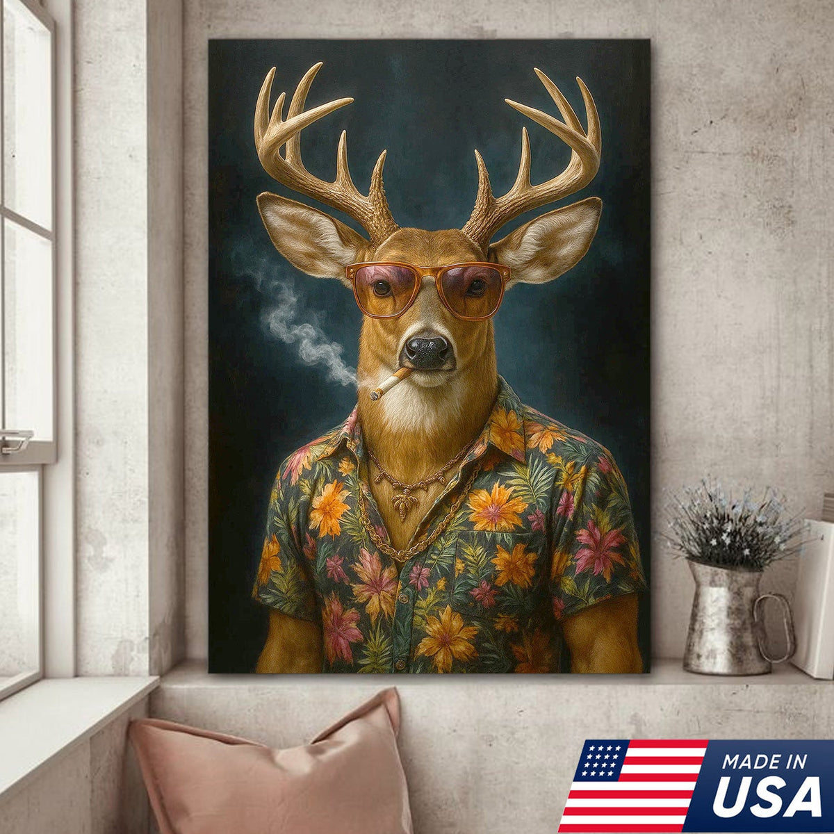 Cool Deer Smoking Canvas Wall Art, Funny Animal Portrait Artwork, Retro Hunter Gift Decor