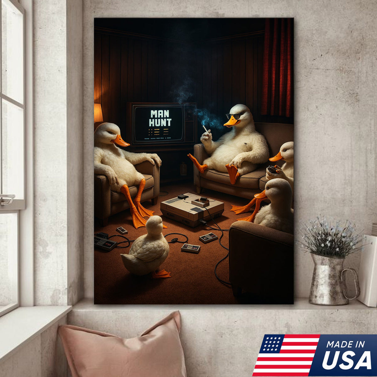 Gaming Ducks Retro Scene Canvas – Dark Humor Surreal Wall Art for Man Cave Decor