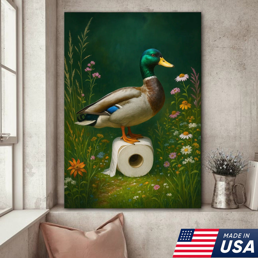 Duck on Toilet Paper Canvas Wall Art, Funny Bathroom Decor with Wildflowers