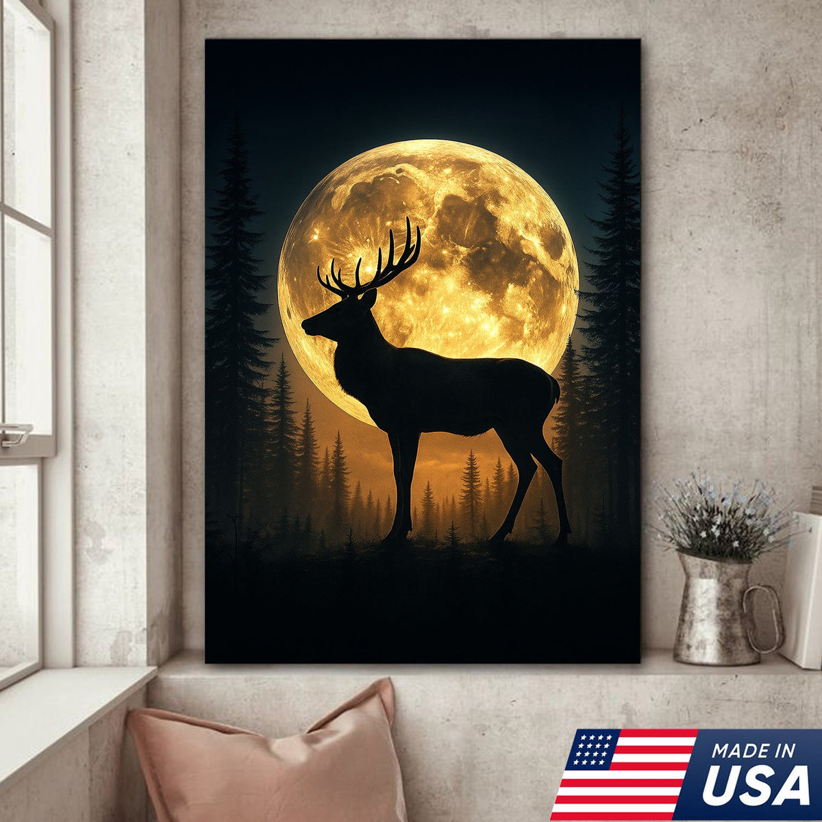 Moonlit Deer Silhouette Canvas – Rustic Forest Wall Art for Cabin & Lodge Decor