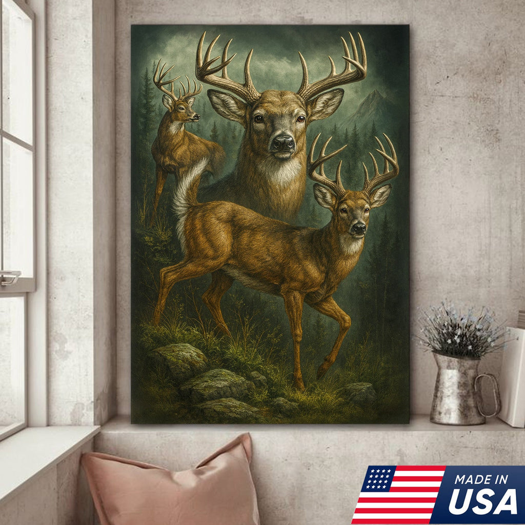Whitetail Deer Trio Canvas Wall Art, Majestic Bucks in Forest Scene, Perfect Hunting Lodge