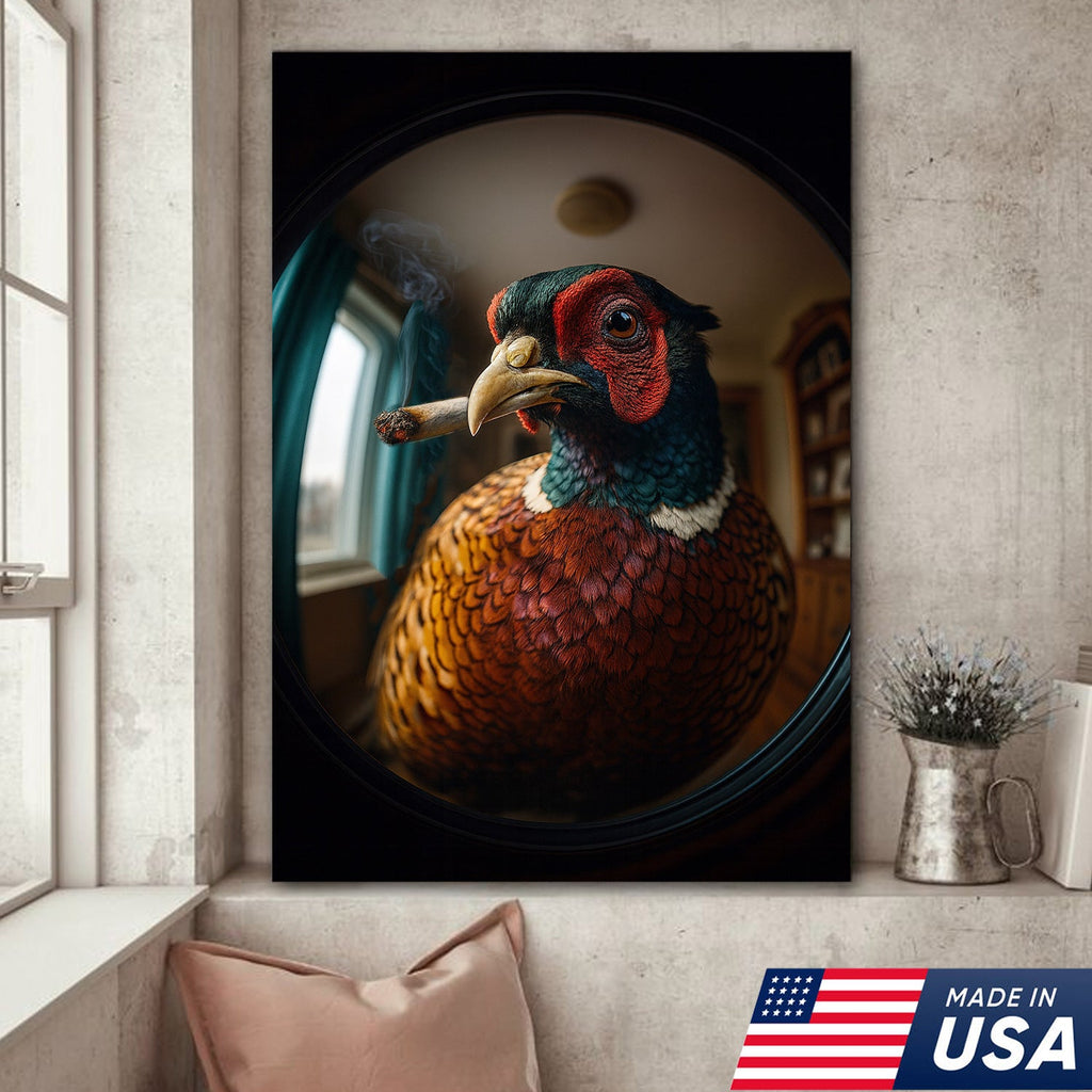 Funny Pheasant Wall Art Smoking Bird Print for Man Cave Decor - Unique Hunting Gift