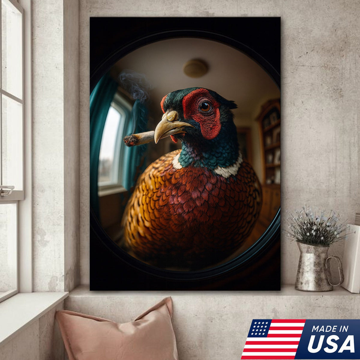 Funny Pheasant Wall Art Smoking Bird Print for Man Cave Decor - Unique Hunting Gift