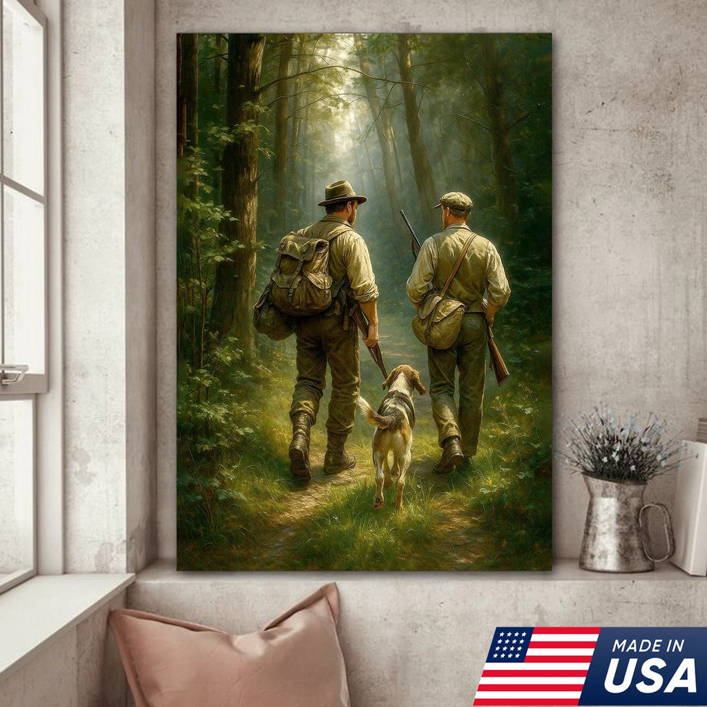 Hunting Canvas Wall Art – Hunters Walking with Dog in Forest – Rustic Cabin Decor