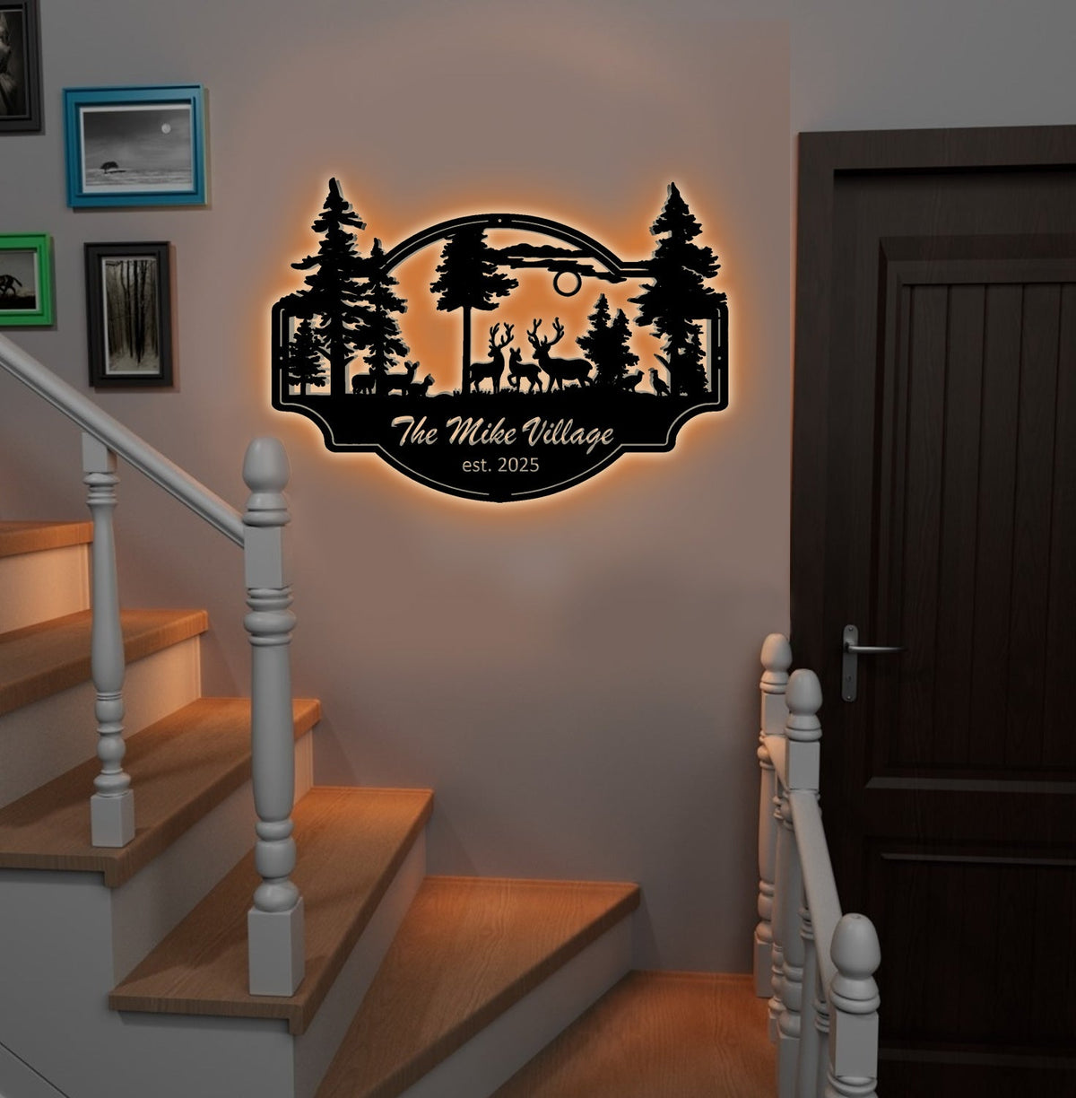 Personalized Deer Metal Sign WITH LED/WITHOUT LED - Rustic Wildlife Scene Cabin Name Sign
