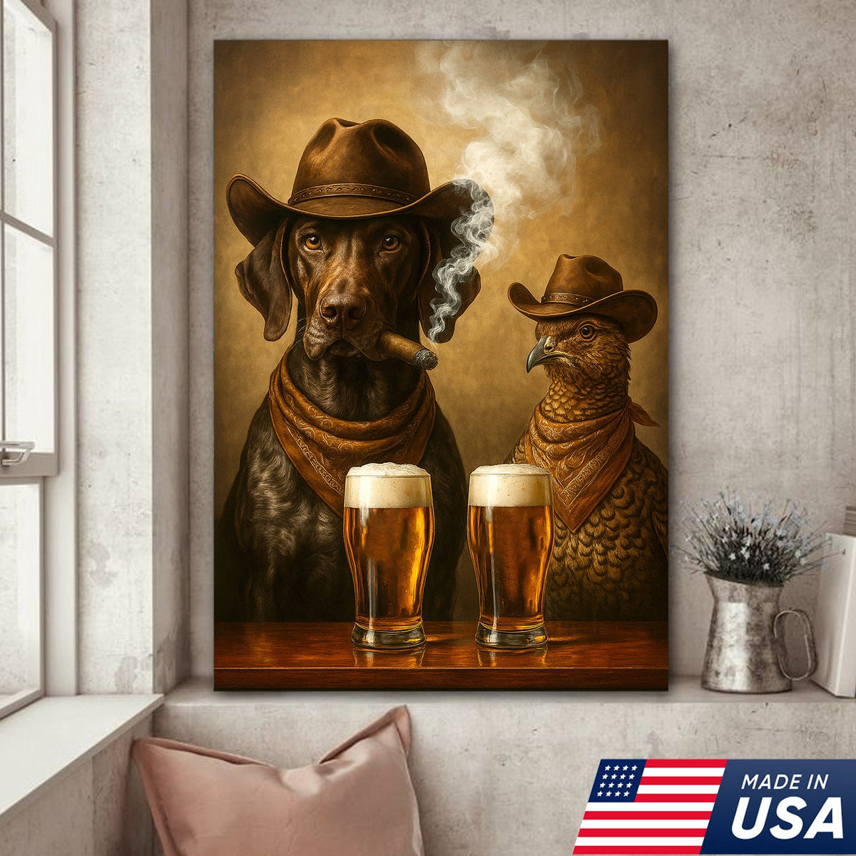 Funny Dog & Grouse Beer Canvas Wall Art – Rustic Cowboy Bar Decor Gift for Hunters & Outdoorsmen