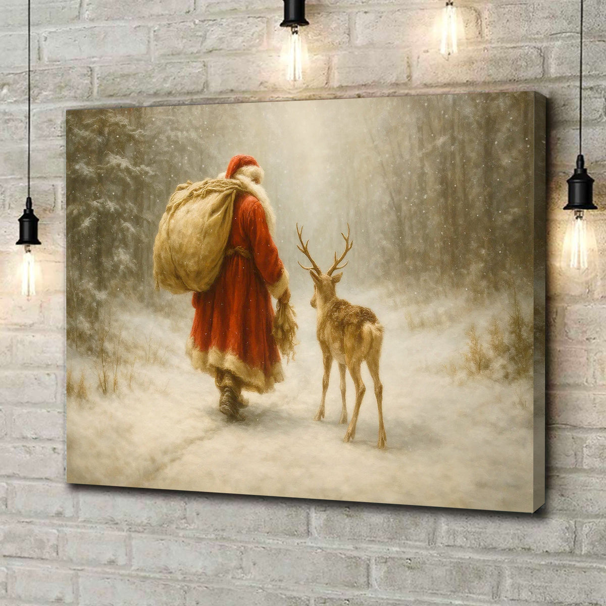 Vintage Santa and Reindeer Canvas Wall Art, Rustic Snowy Forest Christmas Scene