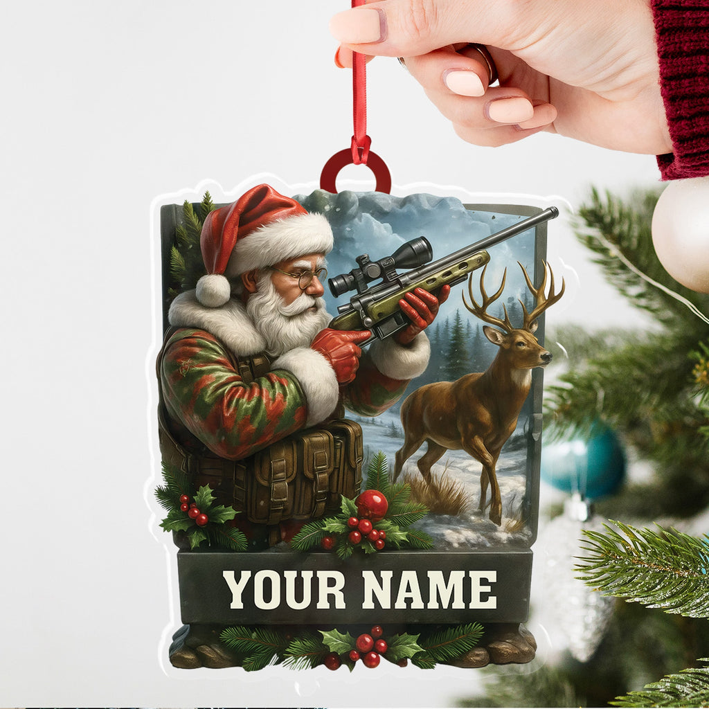 Custom Name Santa Hunter Ornament, Deer Hunting Christmas Tree Decor, Personalized Camo Gift
